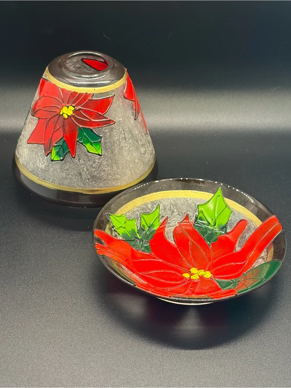 Vintage Yankee Candle Poinsettia Crackle Glass Jar Shade with Matching Plate